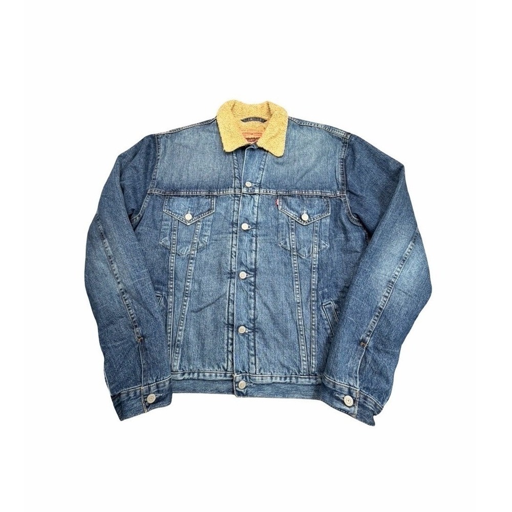 Levi Denim Jacket Mens Large Tall Blue Sherpa Lined Trucker 74510 Irregular Cut